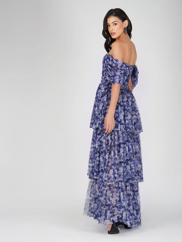 Sydney Tulle Maxi Dress in Blue Leaf Print