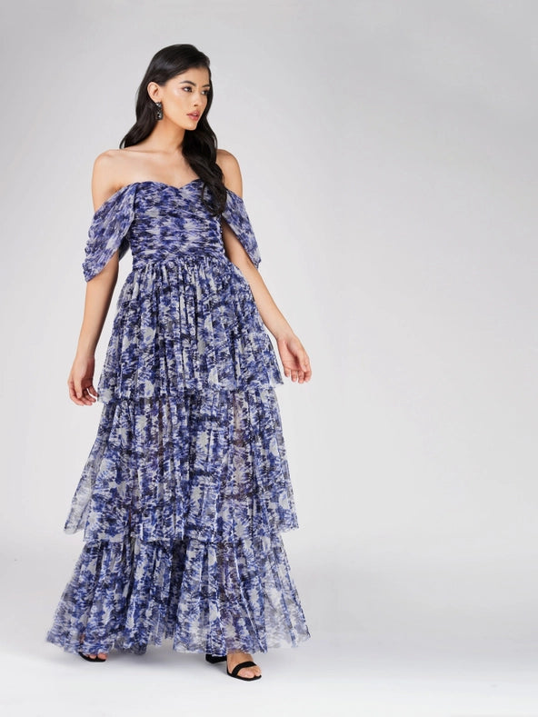 Sydney Tulle Maxi Dress in Blue Leaf Print