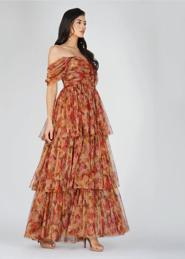 Sydney Tulle Maxi Dress in Brown Rose Floral