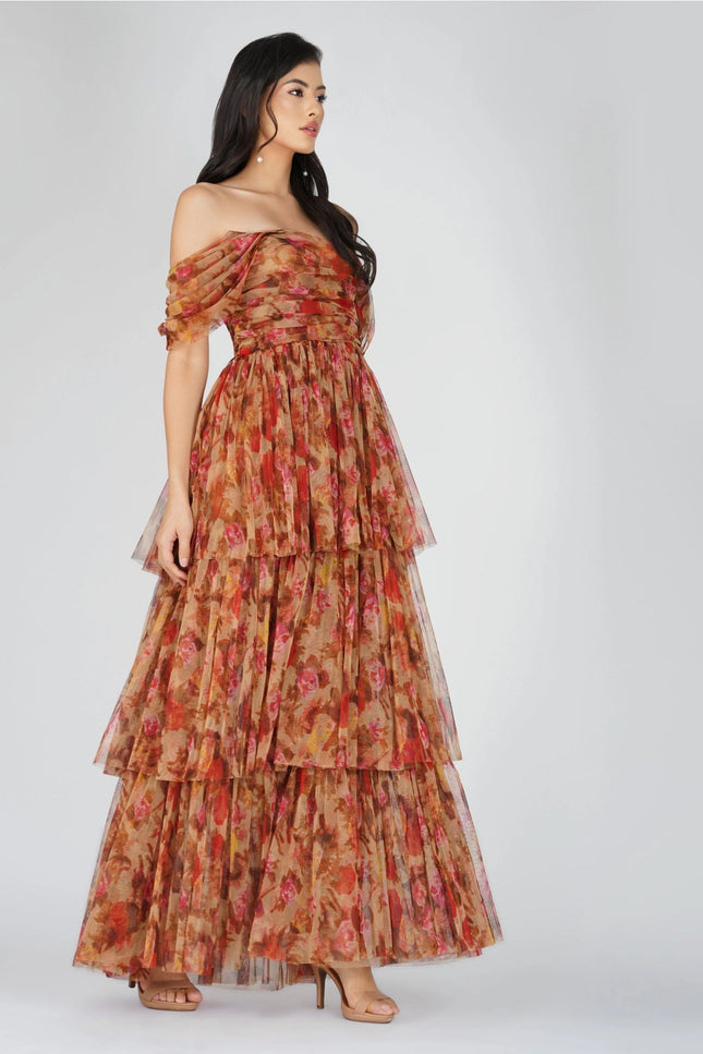 Sydney Tulle Maxi Dress in Brown Rose Floral