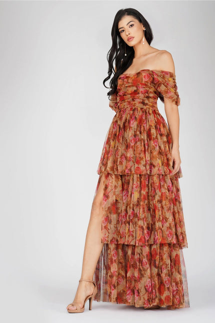 Sydney Tulle Maxi Dress in Brown Rose Floral