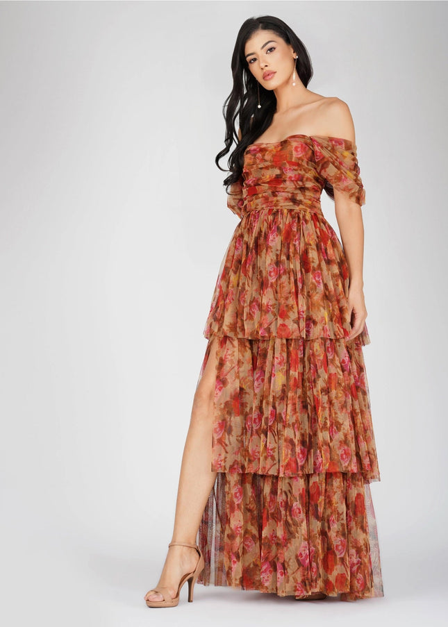 Sydney Tulle Maxi Dress in Brown Rose Floral