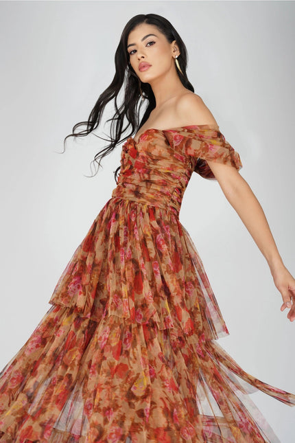 Sydney Tulle Maxi Dress in Brown Rose Floral