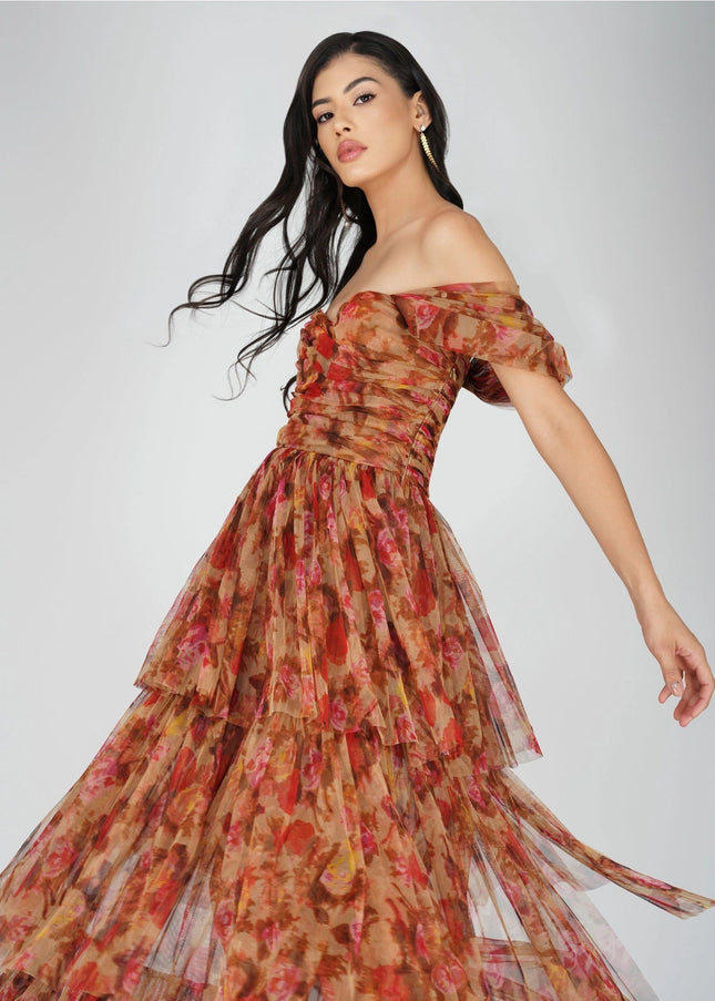 Sydney Tulle Maxi Dress in Brown Rose Floral