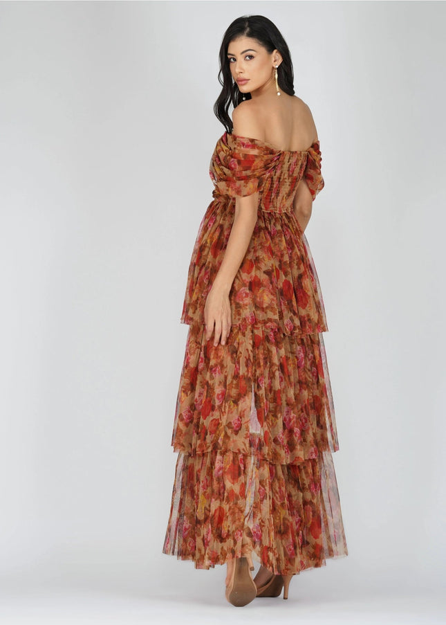 Sydney Tulle Maxi Dress in Brown Rose Floral