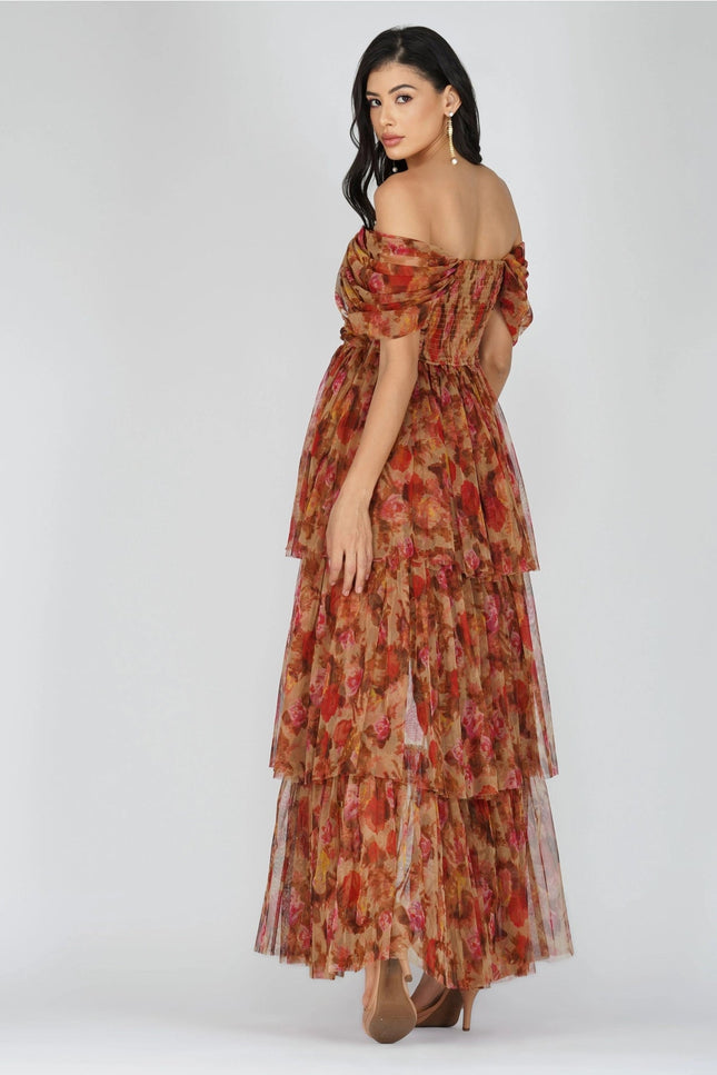 Sydney Tulle Maxi Dress in Brown Rose Floral
