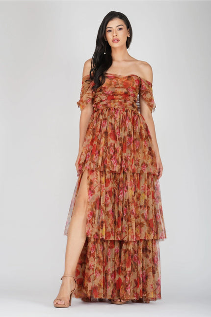 Sydney Tulle Maxi Dress in Brown Rose Floral