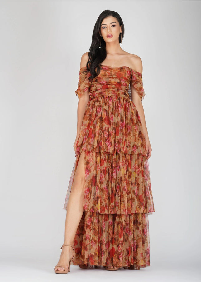 Sydney Tulle Maxi Dress in Brown Rose Floral