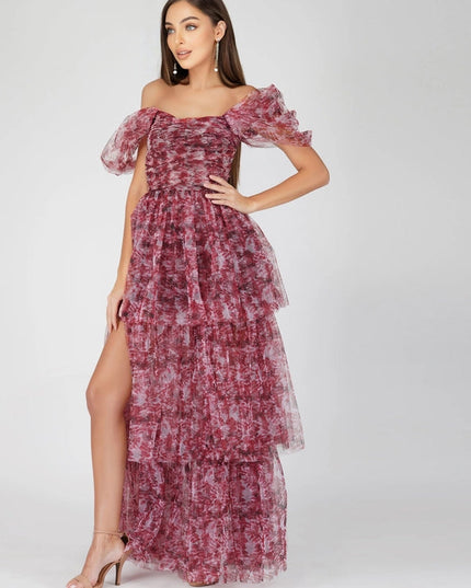 Sydney Tulle Maxi Dress in Burgundy Print