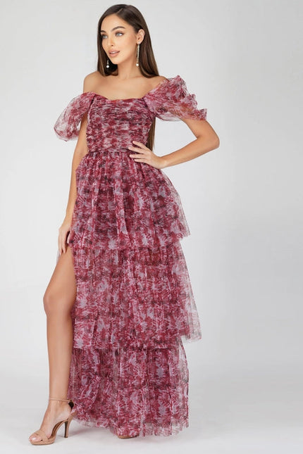 Sydney Tulle Maxi Dress in Burgundy Print