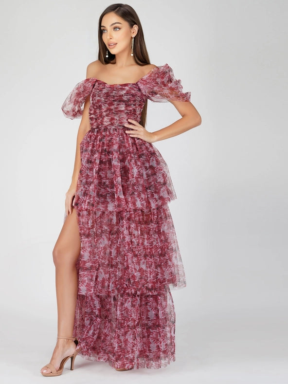 Sydney Tulle Maxi Dress in Burgundy Print