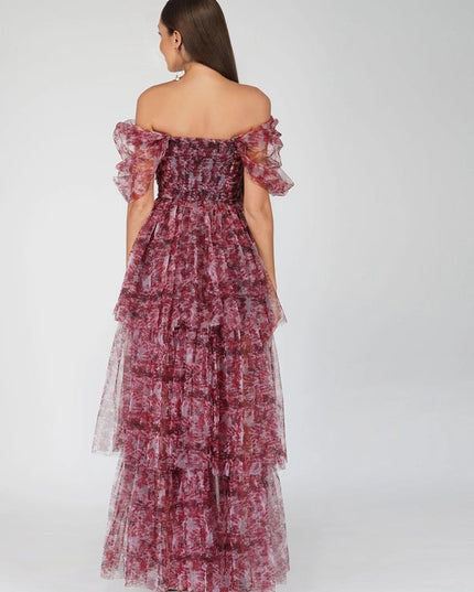 Sydney Tulle Maxi Dress in Burgundy Print