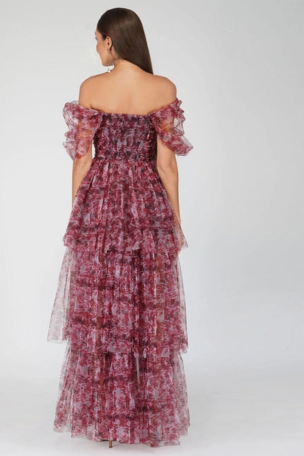 Sydney Tulle Maxi Dress in Burgundy Print