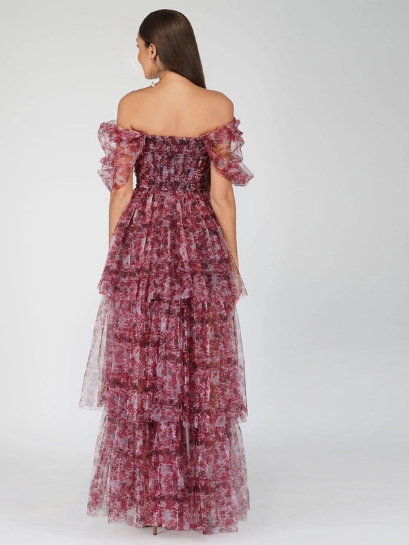 Sydney Tulle Maxi Dress in Burgundy Print