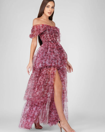 Sydney Tulle Maxi Dress in Burgundy Print