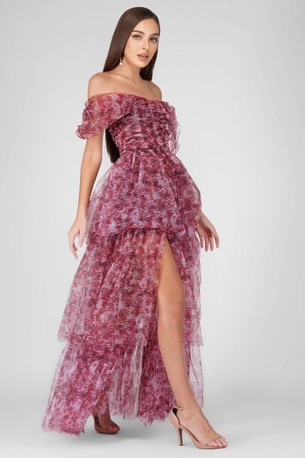 Sydney Tulle Maxi Dress in Burgundy Print