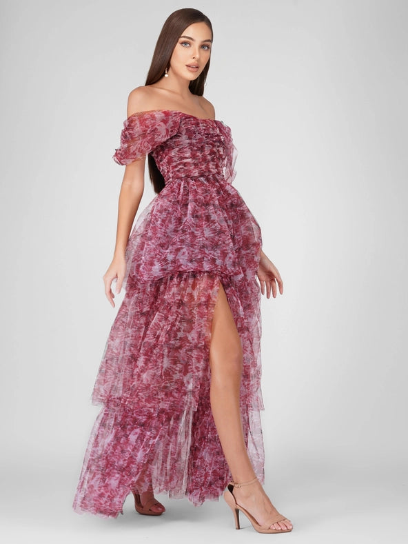 Sydney Tulle Maxi Dress in Burgundy Print