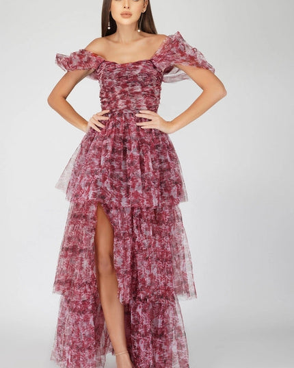 Sydney Tulle Maxi Dress in Burgundy Print