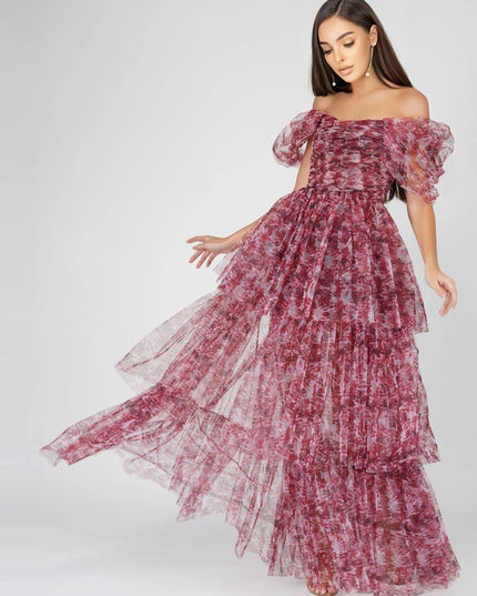 Sydney Tulle Maxi Dress in Burgundy Print