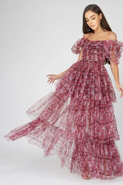 Sydney Tulle Maxi Dress in Burgundy Print