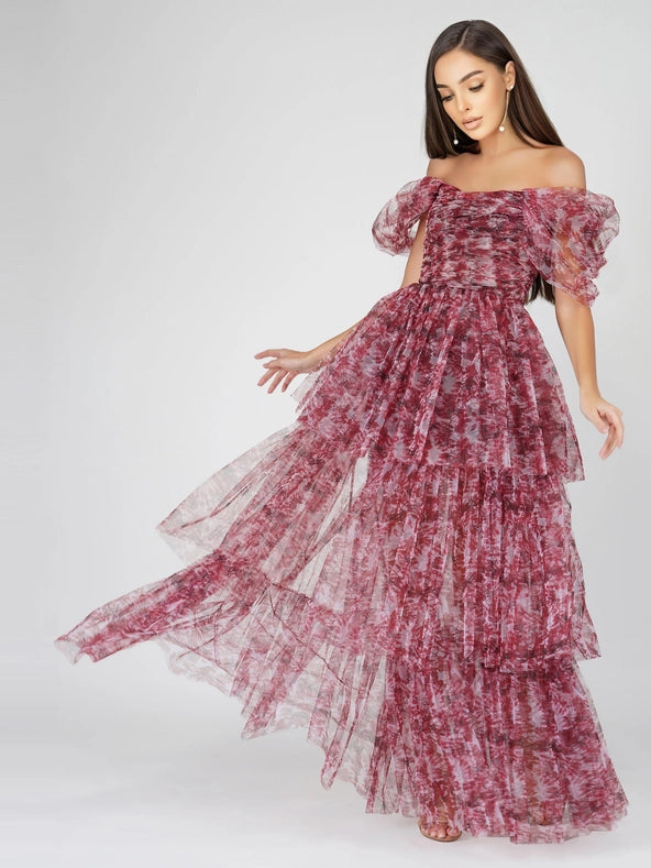 Sydney Tulle Maxi Dress in Burgundy Print