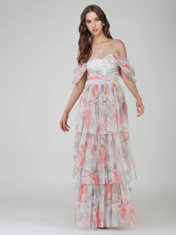 Sydney Tulle Maxi Dress in Peach Floral
