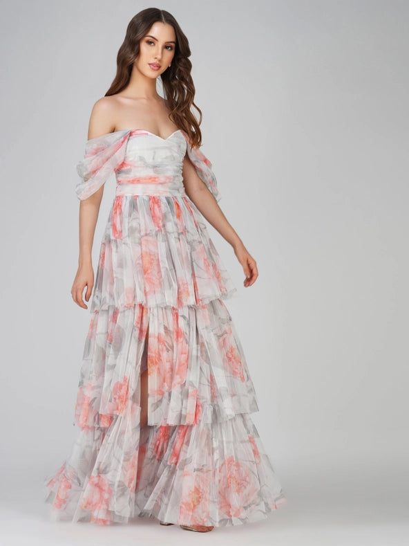 Sydney Tulle Maxi Dress in Peach Floral