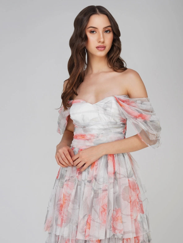 Sydney Tulle Maxi Dress in Peach Floral