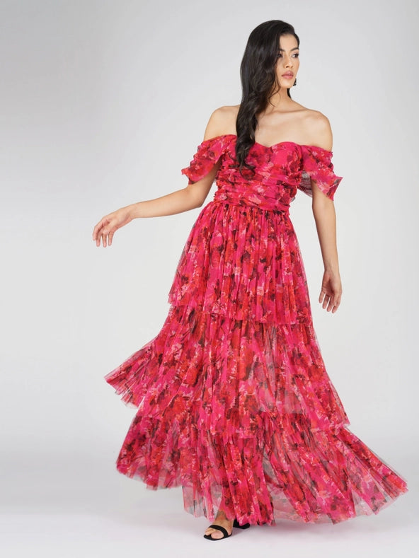 Sydney Tulle Maxi Dress in Red Pink Print