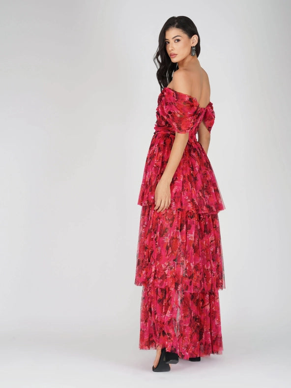 Sydney Tulle Maxi Dress in Red Pink Print