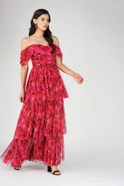 Sydney Tulle Maxi Dress in Red Pink Print