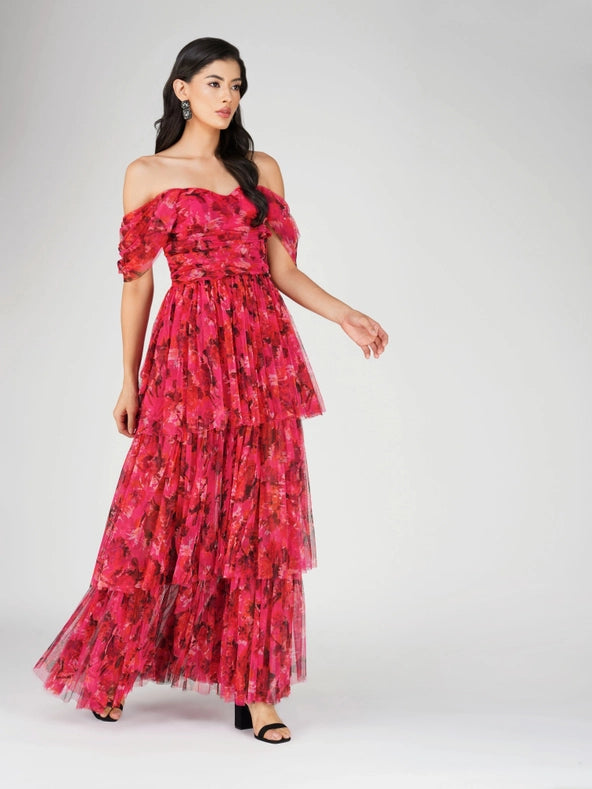 Sydney Tulle Maxi Dress in Red Pink Print