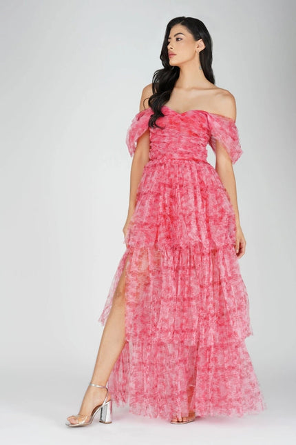 Sydney Tulle Maxi Dress in Red Print