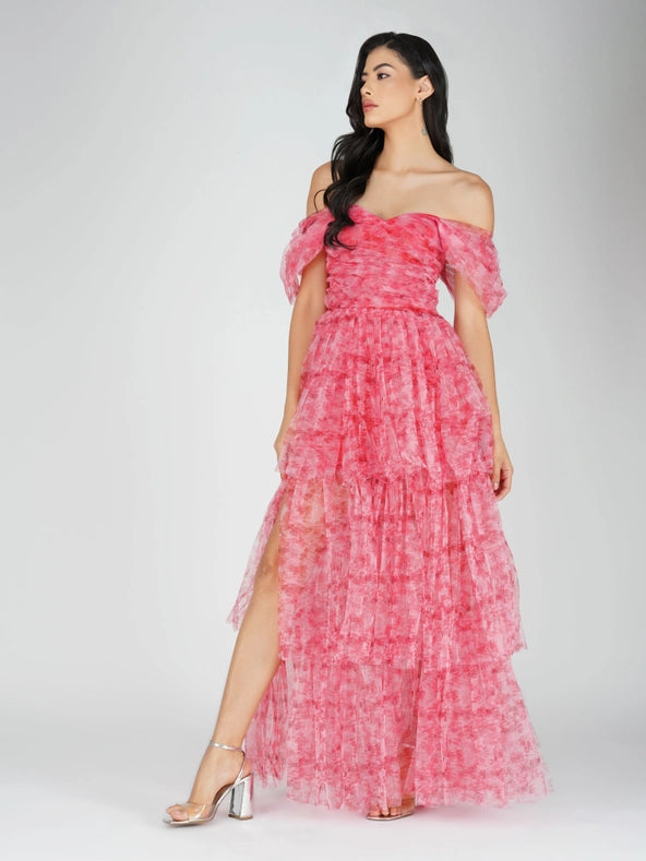 Sydney Tulle Maxi Dress in Red Print