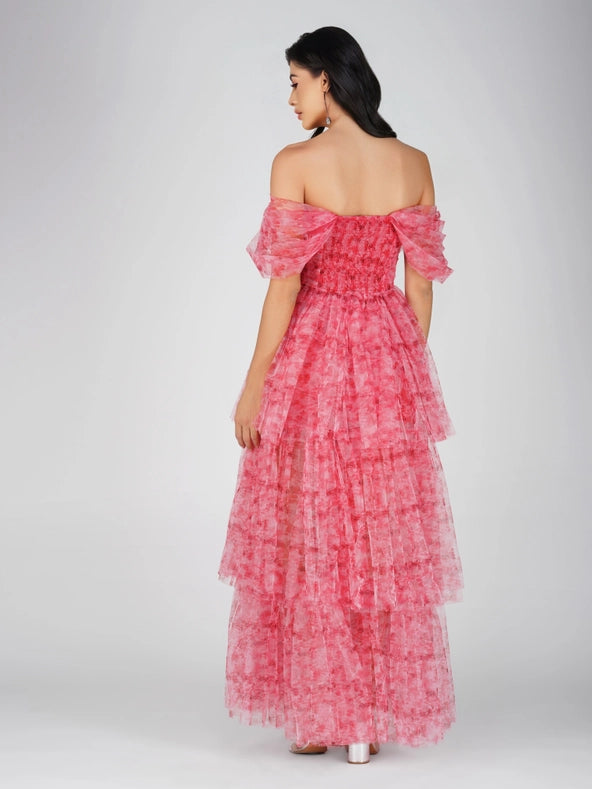 Sydney Tulle Maxi Dress in Red Print