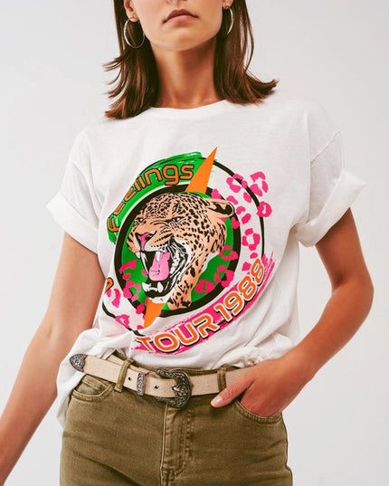 T-Shirt With Tiger Print Logo In White