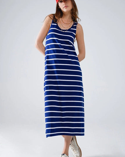 Tank Maxi Dress with Scoop Neck in Navy with White Stripes