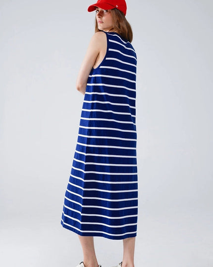 Tank Maxi Dress with Scoop Neck in Navy with White Stripes