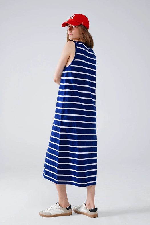 Tank Maxi Dress with Scoop Neck in Navy with White Stripes