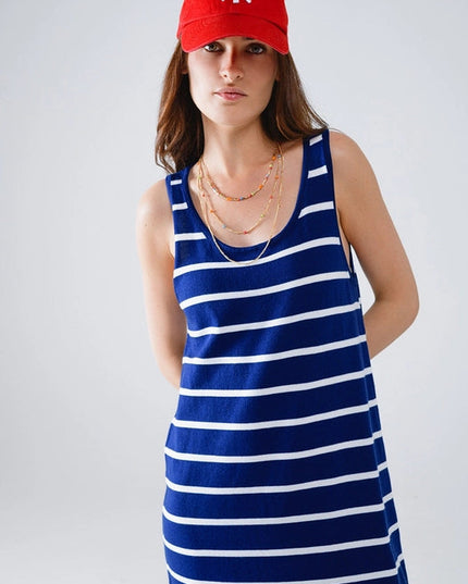 Tank Maxi Dress with Scoop Neck in Navy with White Stripes