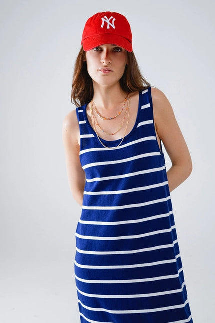 Tank Maxi Dress with Scoop Neck in Navy with White Stripes