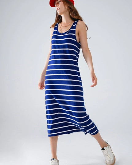 Tank Maxi Dress with Scoop Neck in Navy with White Stripes