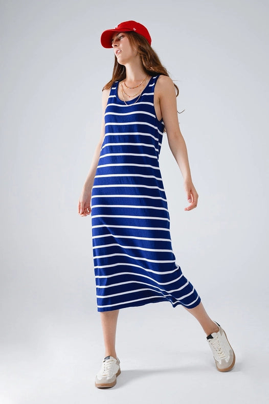 Tank Maxi Dress with Scoop Neck in Navy with White Stripes