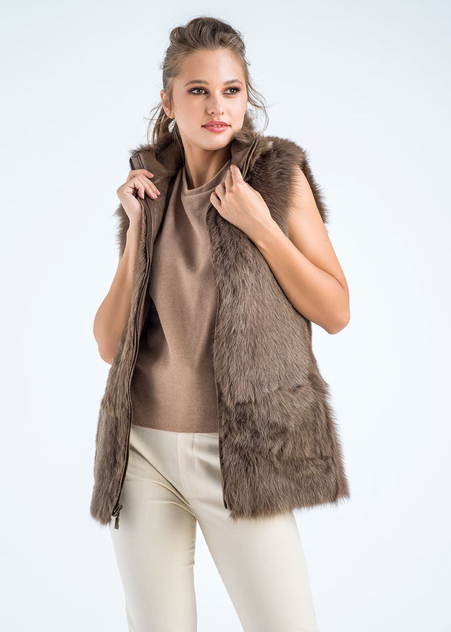 Taupe Geniune Reversible Sheepskin Fur Vest-0