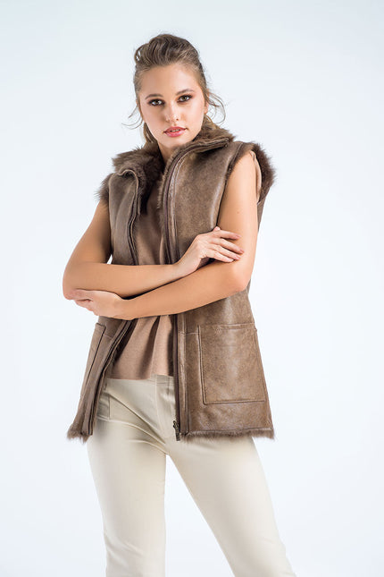 Taupe Geniune Reversible Sheepskin Fur Vest-2