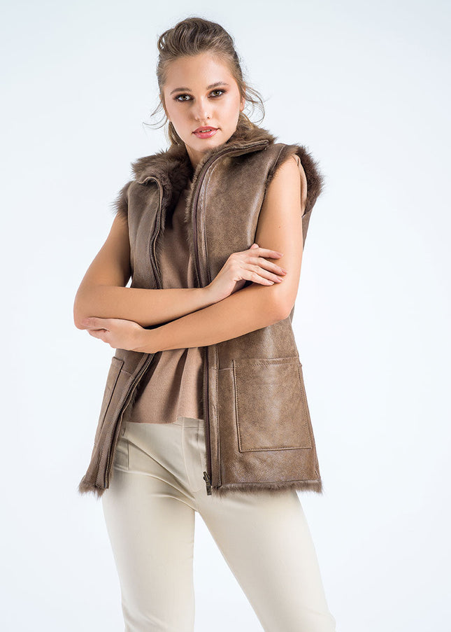 Taupe Geniune Reversible Sheepskin Fur Vest-2