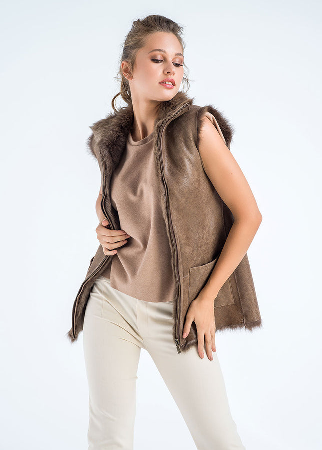 Taupe Geniune Reversible Sheepskin Fur Vest-3