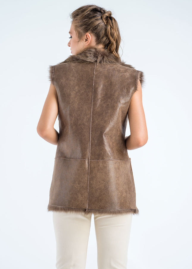 Taupe Geniune Reversible Sheepskin Fur Vest-4