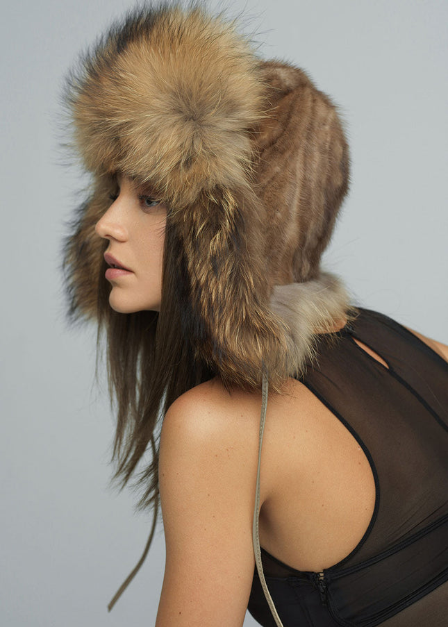 Taupe Genuine Arctic Fox and Mink Fur Hat-1