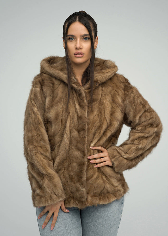 Taupe Genuine Hooded Mink Fur Coat-0